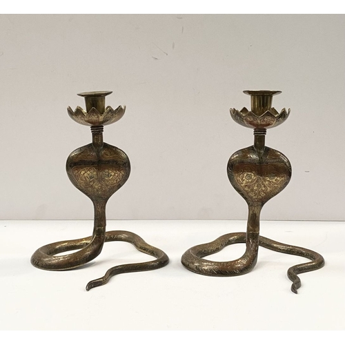 75 - A PAIR OF VINTAGE BRASS ENAMELLED COBRA SNAKE CANDLESTICKS, candlesticks in the form of cobras, high... 