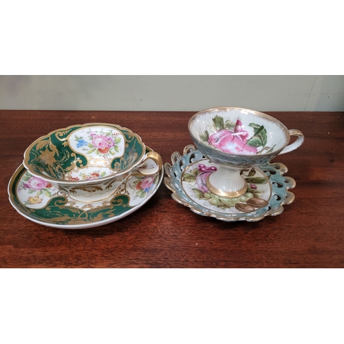 79 - TWO BEAUTIFUL VINTAGE TEACUPS & SAUCERS, (i) A VINTAGE IRIDESCENT FRUIT PATTERNED JAPANESE TEACUP & ... 