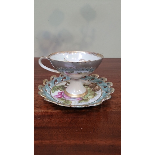 79 - TWO BEAUTIFUL VINTAGE TEACUPS & SAUCERS, (i) A VINTAGE IRIDESCENT FRUIT PATTERNED JAPANESE TEACUP & ... 