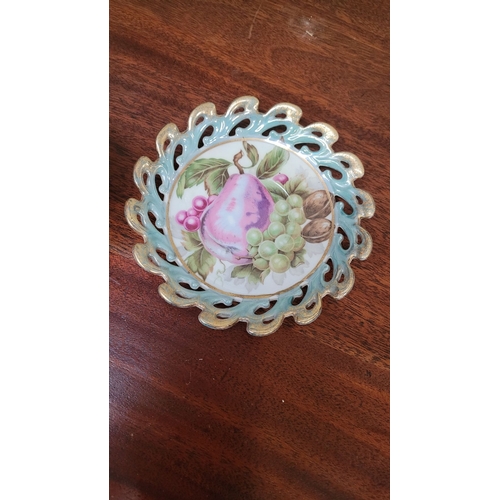 79 - TWO BEAUTIFUL VINTAGE TEACUPS & SAUCERS, (i) A VINTAGE IRIDESCENT FRUIT PATTERNED JAPANESE TEACUP & ... 