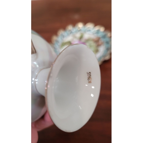 79 - TWO BEAUTIFUL VINTAGE TEACUPS & SAUCERS, (i) A VINTAGE IRIDESCENT FRUIT PATTERNED JAPANESE TEACUP & ... 