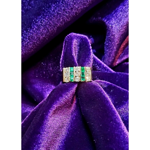 8 - A 15CT YELLOW GOLD EMERALD & DIAMOND STATEMENT RING, with the stones set in five vertical rows with ... 