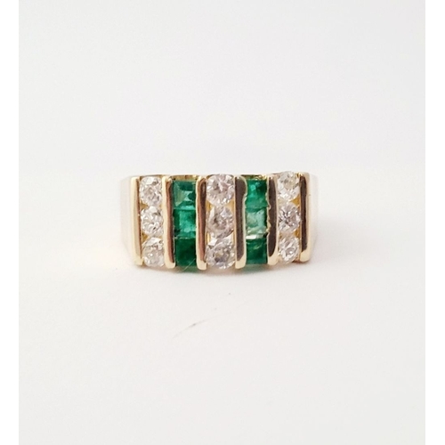 8 - A 15CT YELLOW GOLD EMERALD & DIAMOND STATEMENT RING, with the stones set in five vertical rows with ... 