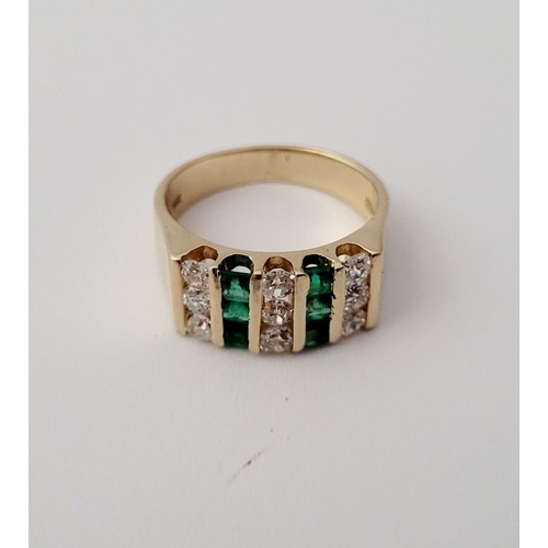 8 - A 15CT YELLOW GOLD EMERALD & DIAMOND STATEMENT RING, with the stones set in five vertical rows with ... 