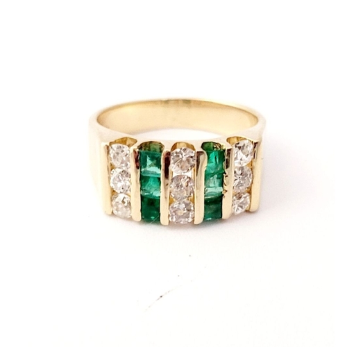 8 - A 15CT YELLOW GOLD EMERALD & DIAMOND STATEMENT RING, with the stones set in five vertical rows with ... 