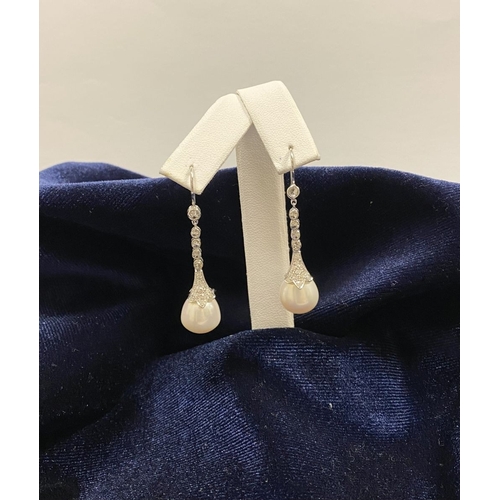 85 - AN ELEGANT PAIR OF 18CT WHITE GOLD PEARL & DIAMOND DROP EARRINGS, the pearls are set in an 18ct whit... 