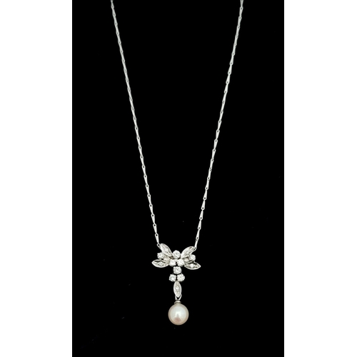 88 - A BESPOKE 18CT WHITE GOLD CHAIN WITH DIAMOND & PEARL PENDANT, finely crafted pendant with diamonds a... 