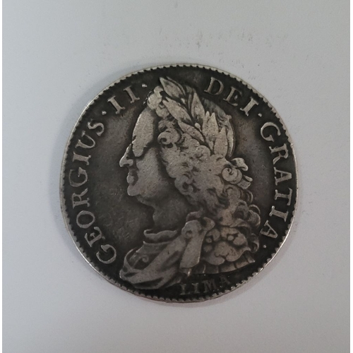 91 - RARE COIN: A SILVER GEORGE II HALF-CROWN, dated 1745. Obverse: showing a mature bust of the king, we... 