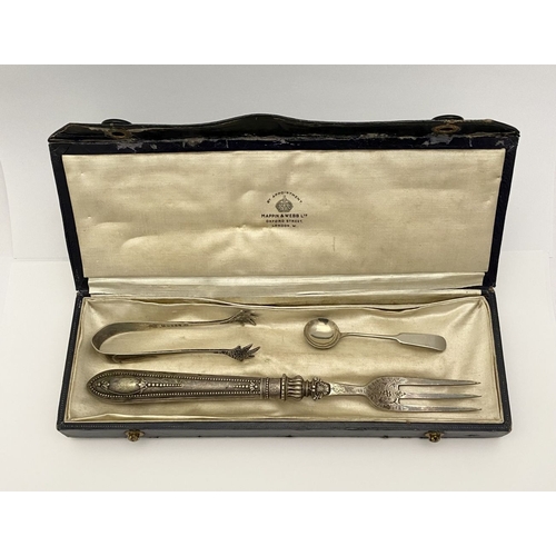 97 - THREE DECORATIVE PIECES OF SILVER PLATE IN MAPPIN & WEBB CASE, to include a silver plated sugar tong... 