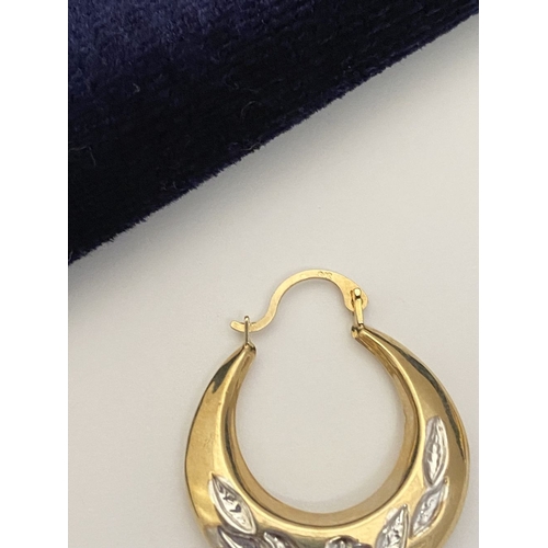 99 - A PAIR OF PRETTY 9CT GOLD HOOP EARRINGS, each hallmarked 375 to clasp, the hoops with nice engraved ... 