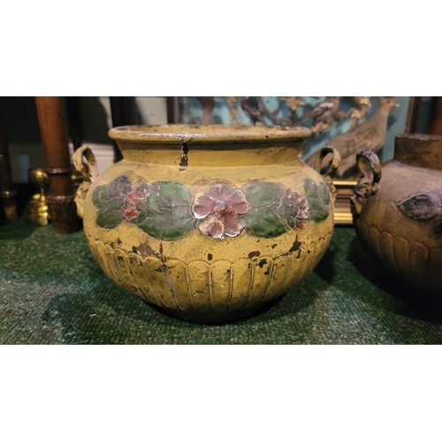 265 - TWO VICTORIAN PAINTED PLANTERS, with embossed floral design above scalloped design to body, each wit... 