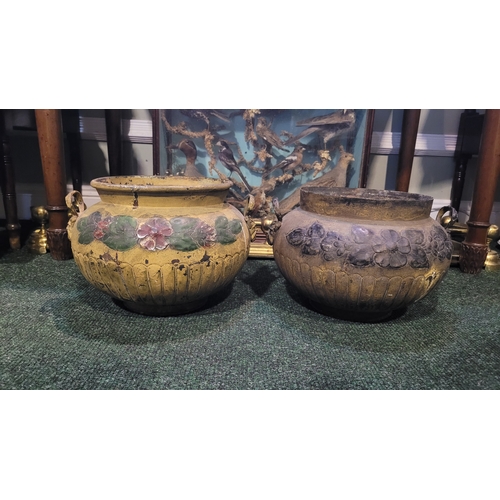 265 - TWO VICTORIAN PAINTED PLANTERS, with embossed floral design above scalloped design to body, each wit... 