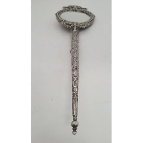 11 - A 19TH CENTURY CONTINENTAL SILVER LADY’S HAND MIRROR, possibly French, the mirror framed with scroll... 