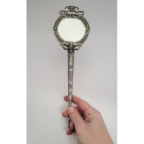 11 - A 19TH CENTURY CONTINENTAL SILVER LADY’S HAND MIRROR, possibly French, the mirror framed with scroll... 