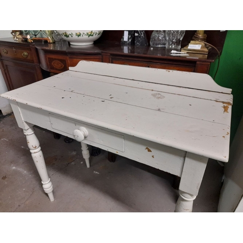 112 - A VICTORIAN IRISH PAINTED PINE FARMHOUSE CONSOLE TABLE, with centre drawer, raised on turned leg. Di... 