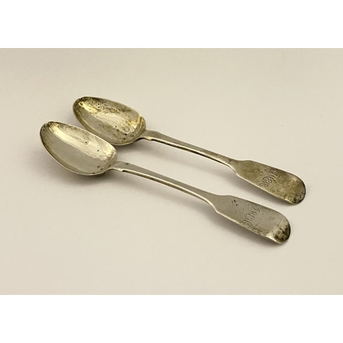 130 - A PAIR OF VICTORIAN IRISH SILVER TEASPOONS, by John Smyth, Dublin c.1854. In the fiddle pattern, rat... 