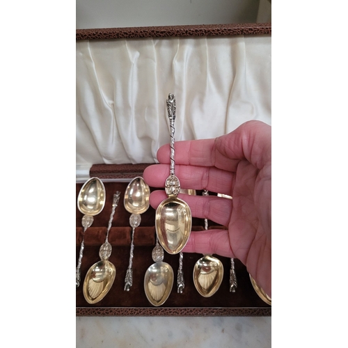 14 - A VERY FINE CASED SET OF TWELVE IRISH SILVER APOSTLE SPOONS, each impressed with Dublin hallmarks, d... 