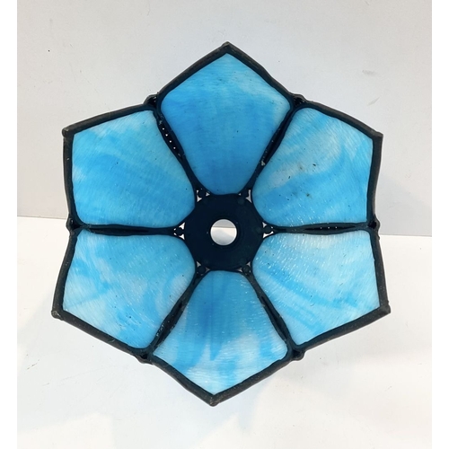 149 - A VINTAGE STAINED GLASS LAMPSHADE, mid-century, in the form of a tulip/lotus, in blue glass, each pe... 