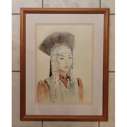 168 - MONGOLIAN SCHOOL, PORTRAIT OF YOUNG WOMAN IN TRADITIONAL DRESS, watercolour on paper, signed lower r... 