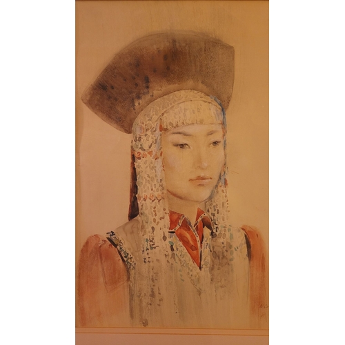 168 - MONGOLIAN SCHOOL, PORTRAIT OF YOUNG WOMAN IN TRADITIONAL DRESS, watercolour on paper, signed lower r... 