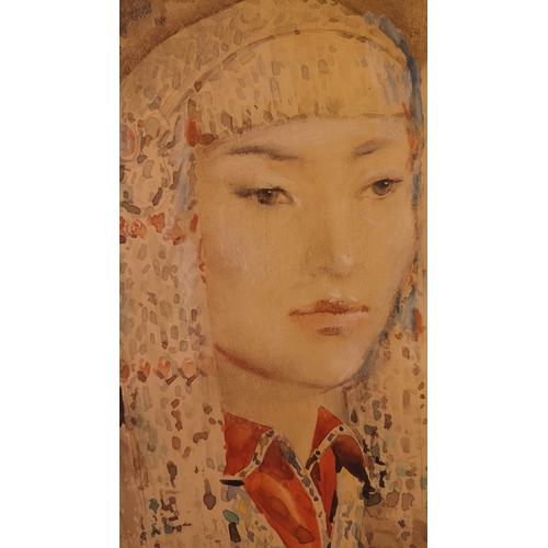 168 - MONGOLIAN SCHOOL, PORTRAIT OF YOUNG WOMAN IN TRADITIONAL DRESS, watercolour on paper, signed lower r... 