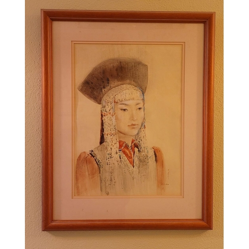 168 - MONGOLIAN SCHOOL, PORTRAIT OF YOUNG WOMAN IN TRADITIONAL DRESS, watercolour on paper, signed lower r... 