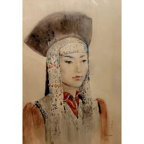 168 - MONGOLIAN SCHOOL, PORTRAIT OF YOUNG WOMAN IN TRADITIONAL DRESS, watercolour on paper, signed lower r... 