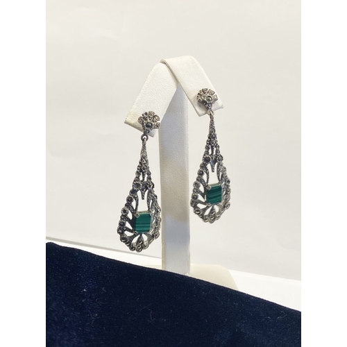 177 - A LOVELY PAIR OF STERLING SILVER MARCASITE DROP EARRINGS, with central emerald cut stone in four cla... 