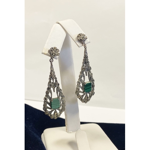 177 - A LOVELY PAIR OF STERLING SILVER MARCASITE DROP EARRINGS, with central emerald cut stone in four cla... 