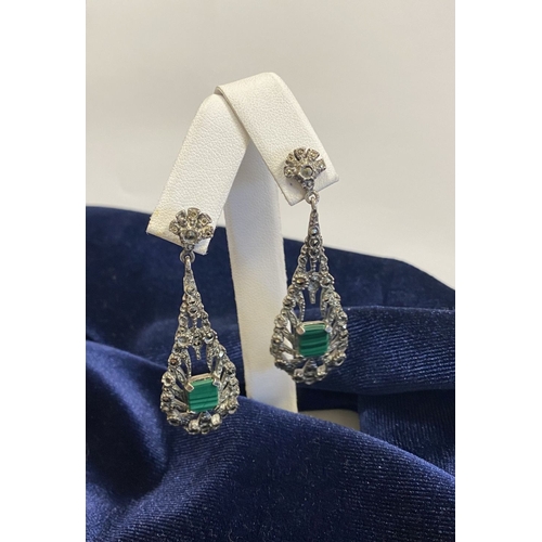 177 - A LOVELY PAIR OF STERLING SILVER MARCASITE DROP EARRINGS, with central emerald cut stone in four cla... 