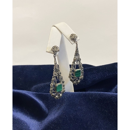 177 - A LOVELY PAIR OF STERLING SILVER MARCASITE DROP EARRINGS, with central emerald cut stone in four cla... 