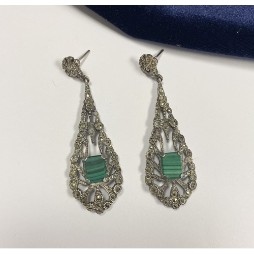 177 - A LOVELY PAIR OF STERLING SILVER MARCASITE DROP EARRINGS, with central emerald cut stone in four cla... 