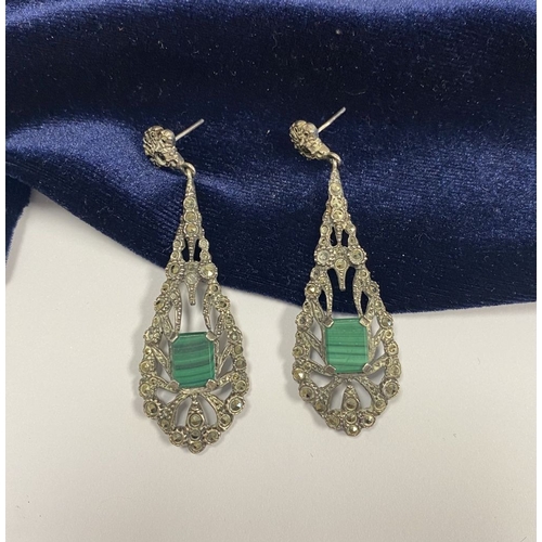 177 - A LOVELY PAIR OF STERLING SILVER MARCASITE DROP EARRINGS, with central emerald cut stone in four cla... 