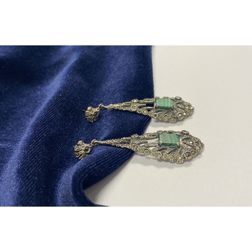 177 - A LOVELY PAIR OF STERLING SILVER MARCASITE DROP EARRINGS, with central emerald cut stone in four cla... 