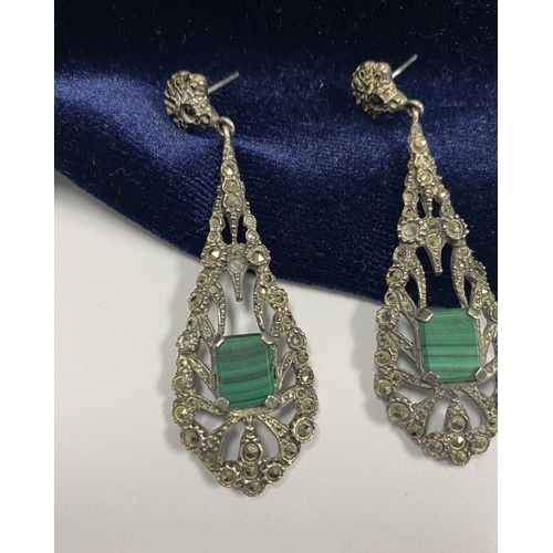 177 - A LOVELY PAIR OF STERLING SILVER MARCASITE DROP EARRINGS, with central emerald cut stone in four cla... 