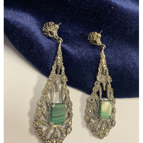 177 - A LOVELY PAIR OF STERLING SILVER MARCASITE DROP EARRINGS, with central emerald cut stone in four cla... 