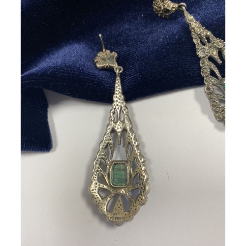 177 - A LOVELY PAIR OF STERLING SILVER MARCASITE DROP EARRINGS, with central emerald cut stone in four cla... 