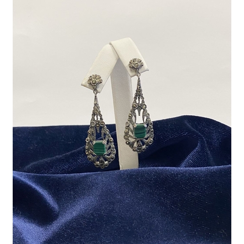 177 - A LOVELY PAIR OF STERLING SILVER MARCASITE DROP EARRINGS, with central emerald cut stone in four cla... 