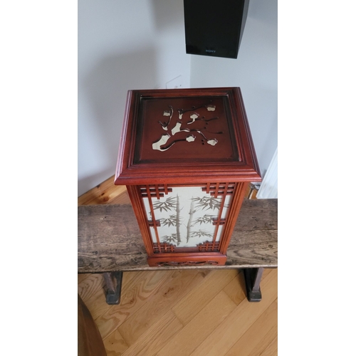 179 - A JAPANESE CARVED WOODEN & GLAZED TABLE LAMP, each of the glazed sides decorated with bamboo designs... 