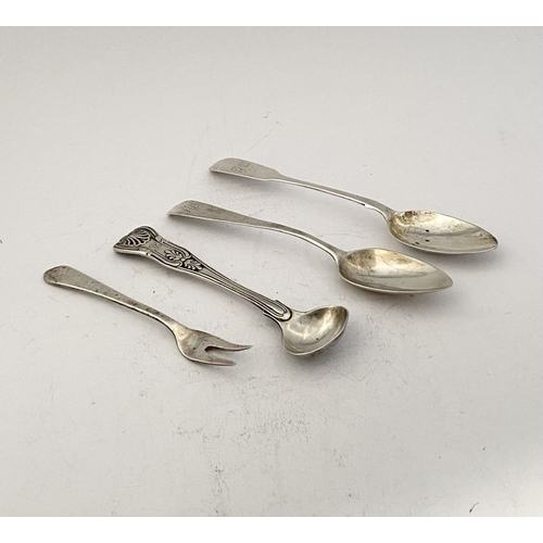 188 - A 4 PIECE SILVER LOT, 19TH – 20TH CENTURY (i) an Irish silver two pronged fork, by William Egan & So... 