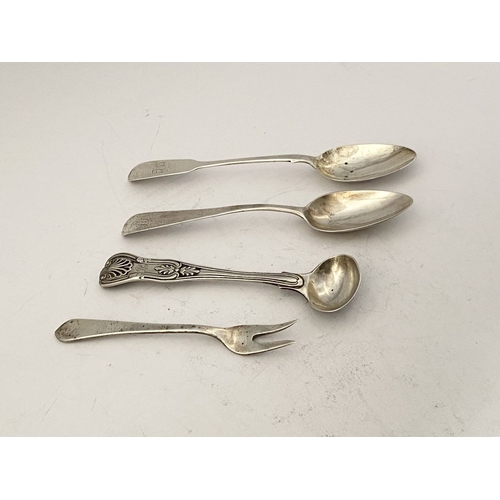 188 - A 4 PIECE SILVER LOT, 19TH – 20TH CENTURY (i) an Irish silver two pronged fork, by William Egan & So... 