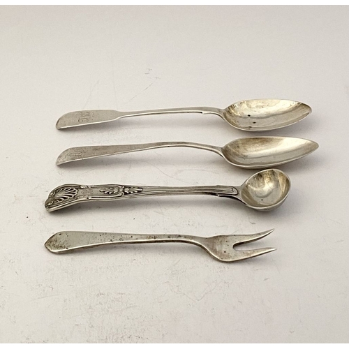 188 - A 4 PIECE SILVER LOT, 19TH – 20TH CENTURY (i) an Irish silver two pronged fork, by William Egan & So... 