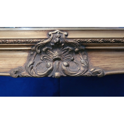 189 - A GOOD QUALITY GILT WALL MIRROR, with raised relief decoration to the frame, and a good bevelled gla... 