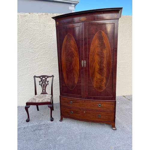 19 - AN EXCELLENT QUALITY MAHOGANY INLAID ROBERT STRAHAN DUBLIN WARDROBE, two door bow-fronted wardrobe, ... 