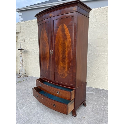 19 - AN EXCELLENT QUALITY MAHOGANY INLAID ROBERT STRAHAN DUBLIN WARDROBE, two door bow-fronted wardrobe, ... 