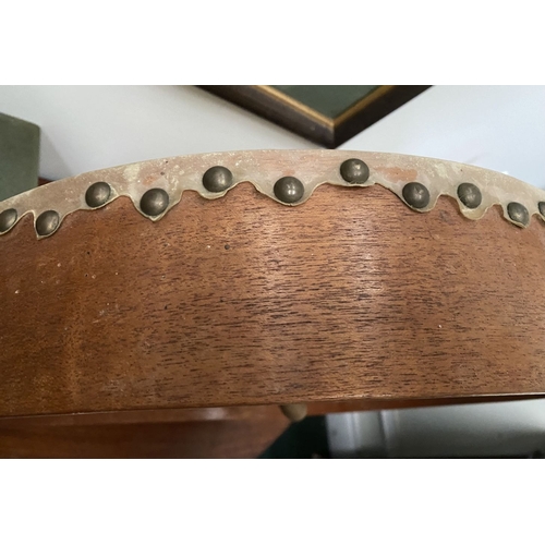 193 - TWO IRISH BODHRAN DRUMS, both with nice Celtic designs, dimensions: 45.5cm & 46.5cm diameter approx.