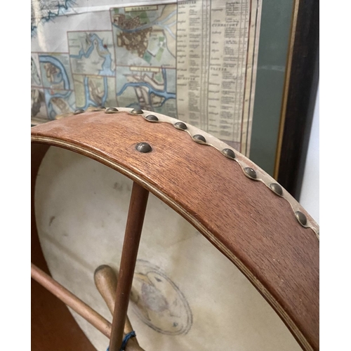 193 - TWO IRISH BODHRAN DRUMS, both with nice Celtic designs, dimensions: 45.5cm & 46.5cm diameter approx.