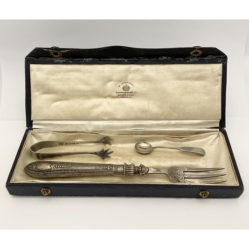 221 - THREE DECORATIVE PIECES OF SILVER PLATE IN MAPPIN & WEBB CASE, to include a silver plated sugar tong... 