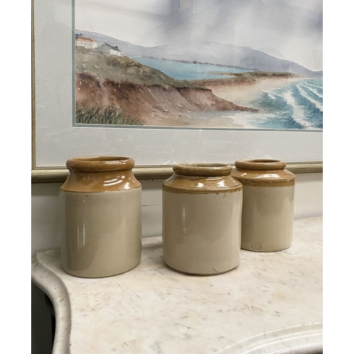 225 - THREE VINTAGE TWO-TONE GLAZED STONEWARE JARS, one by Skey Tamworth, all with two tone glazed design.... 