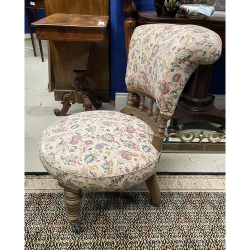 231 - A CHARMING WELSH LOW RISE NURSING CHAIR, with circular cushioned seat, curved headrest supported on ... 